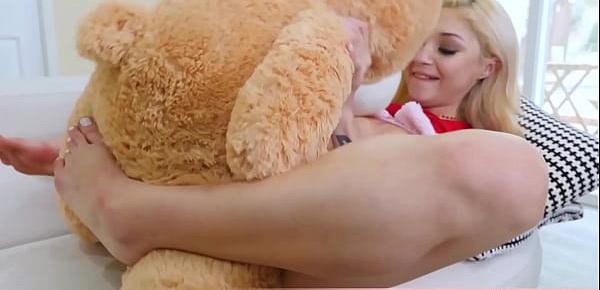  Cute blonde petite GF needs cock so she fucks her teddy bear real quick